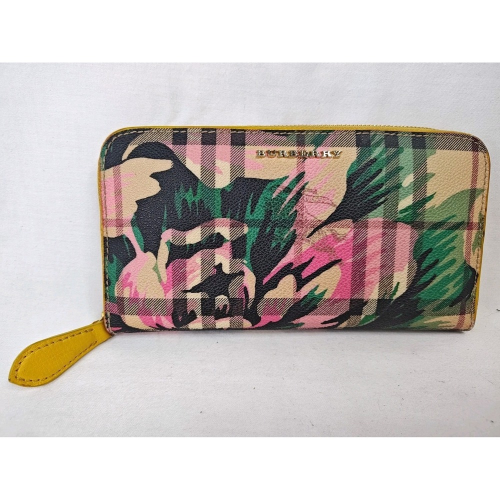 Burberry Peony Rose Haymarket Check Zip Around Wallet Yellow Coated Canvas